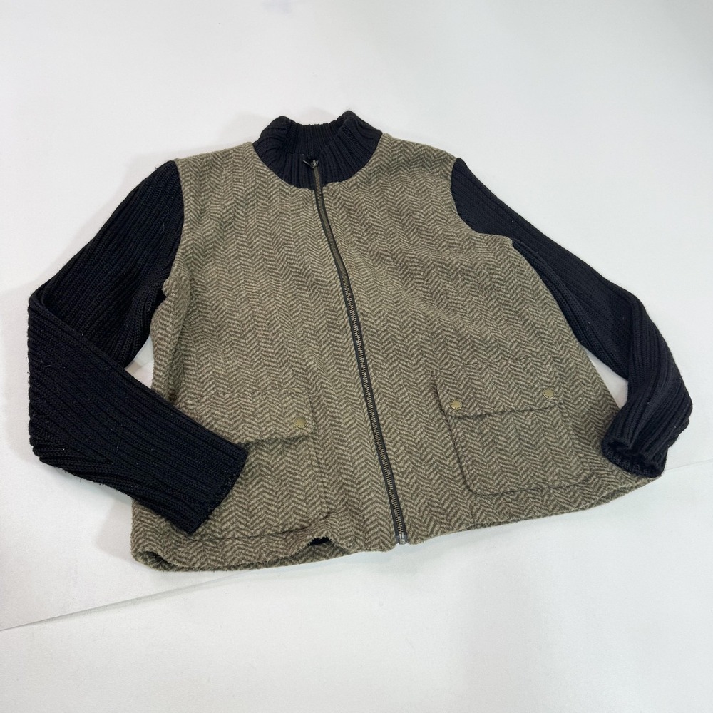 Orvis Jacket Womens XL Brown Herringbone Black Knit Sleeve Full Zip Casual